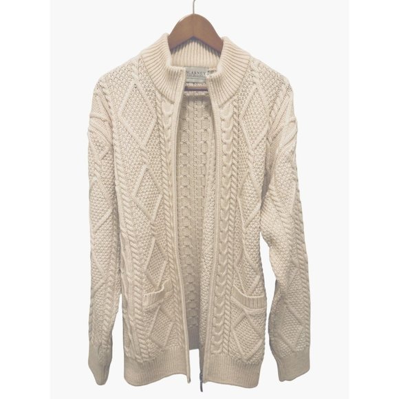 BLARNEY WOOLLEN MILLS ARANS - Hand-Knit Full Zip Aran Cardigan White Size 3XL - Picture 7 of 11